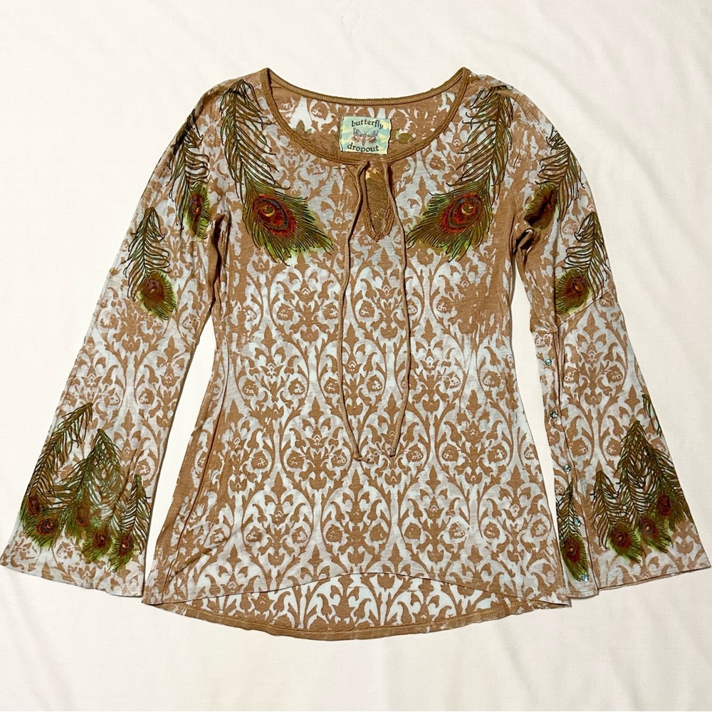 Rare Vtg Butterfly Dropout Bell Sleeve Boho Peacock Tunic, Blue Crystal Snaps- M